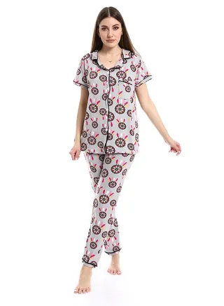 Women Pajama Set With Pants And Button Design 