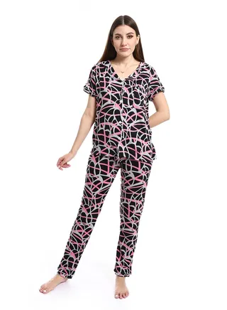 Women Pajama Set With Pants And Button Design 