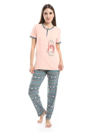 Women Pajama Set With Half Sleeves And Printed Photo 