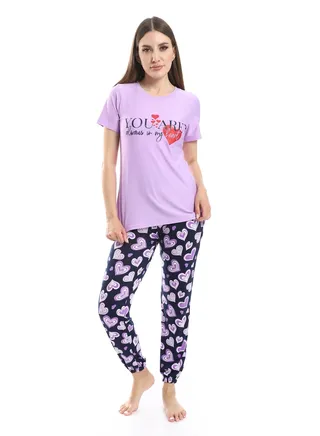 Women Pajama Set With Half Sleeves And Printed Photo 