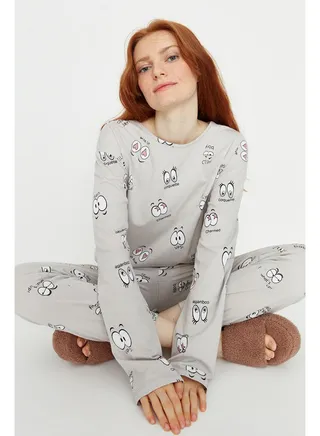Gray 100% Cotton Eye Patterned T-shirt-Jogger Knitted Pajama Set THMAW22PT0270 