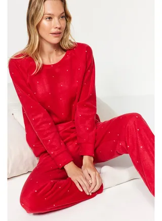Red Velvet Knitted Tshirt-Pants Pajamas Set THMAW24PT00032 