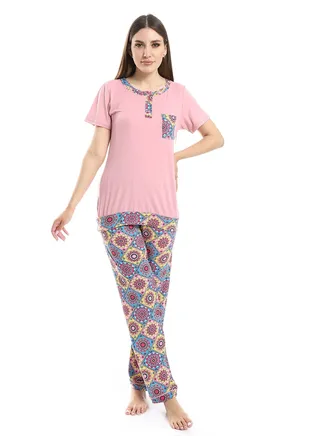 Women Pajama Set With Half Sleeves And Printed Photo 