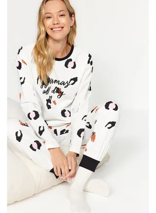 White 100% Cotton Leopard Pattern Slogan Tshirt-Jogger Knitted Pajamas Set THMAW24PT00211 