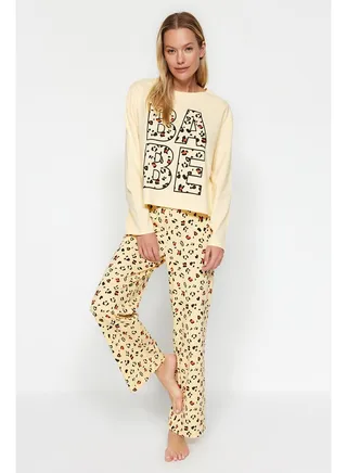 Yellow 100% Cotton T-shirt-Pants and Knitted Pajamas Set THMAW24PT00135. 