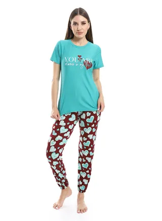 Women Pajama Set With Half Sleeves And Printed Photo 
