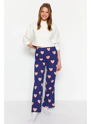 Navy Blue 100% Cotton Heart Pattern Knitted Pajama Bottoms THMAW24PJ00003 