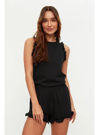 Black 100% Cotton Ruffle Detailed Undershirt-Shorts Knitted Pajama Set THMSS22AU0304 