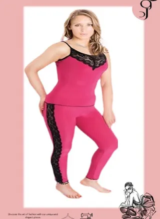 A plain pajama set decorated with lace on the chest and on both sides of the pants, without sleeves, from Brand Ward 