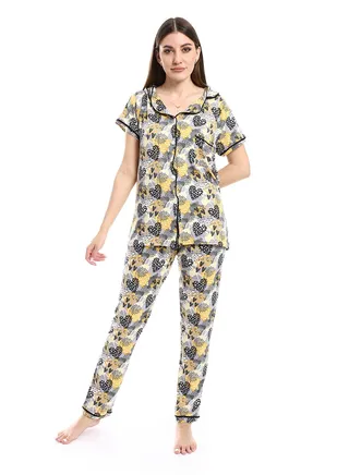 Women Pajama Set With Pants And Button Design 