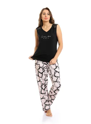 Wide Boat Neck Tee & Patterned Pants Pajama Set 