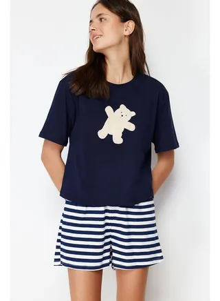 Navy Blue 100% Cotton Teddy Bear Printed Knitted Pajamas Set THMSS24PT00039 