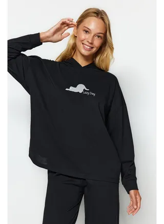 Black Cat Printed Sweatshirt-Pants and Knitted Pajamas Set THMAW24PT00044 