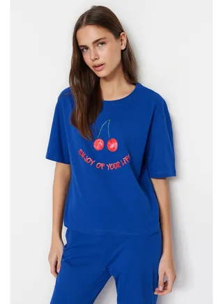 Navy Blue 100% Cotton Fruit Printed T-shirt-Pants Knitted Pajama Set THMSS23PT00134 