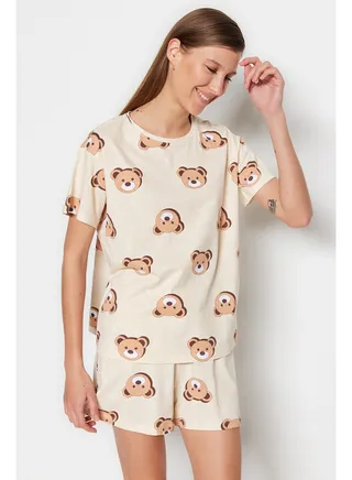 Ecru 100% Cotton Teddy Bear Printed T-shirt-Shorts Knitted Pajama Set THMSS23PT00005 