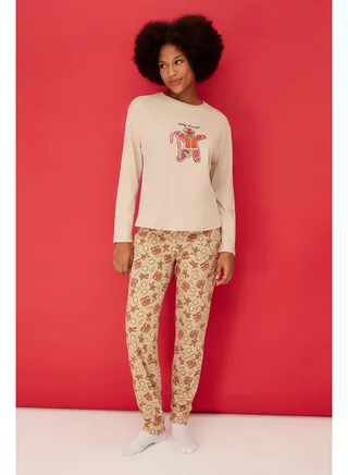 Cream 100% Cotton Christmas Theme T-shirt-Pants and Knitted Pajamas Set THMAW24PT00061 