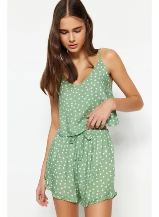 Mint Polka Dot Ruffle Detailed Undershirt-Shorts Woven Pajama Set THMSS21PT0742 