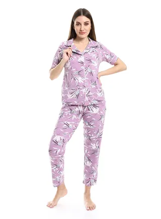 Classic Collar Patterned Short Sleeves Pajama Set - LIGHT- Purple 