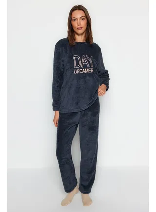 Navy Blue Motto Embroidered Wellsoft Tshirt-Pants 