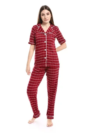 Long Sleeves Pajama Set With Buttons _ Dark Red & White 