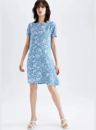 Regular Waist Short Sleeve A-Line Woven Floral Print Dress