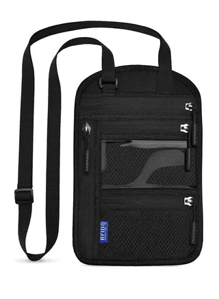 Travel Neck Wallet Passport Holder RFID Blocking Organiser Bag Security Accessories Air Ticket Chest Pocket for Men Women Smartphone Documents Money black 