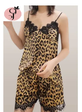 FROM WARD-Women's lingerie pajamas, tiger print, made of soft cotton with lace edges 