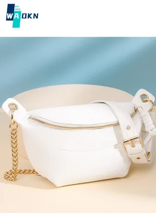 Women's Retro Fashion Chain Crossbody Bag, Ladies Chain Chest Bag Waist Bag Belt Bag, PU Leather Solid Color Shoulder Bag Handbag Sling Bag Side Bag Carry Bag(White) 