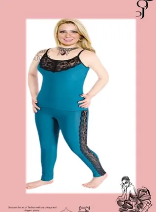 A plain pajama set decorated with lace on the chest and on both sides of the pants, without sleeves, from Brand Ward 
