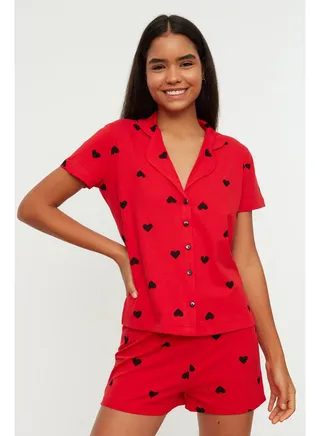 Red 100% Cotton Heart Patterned Shirt-Shorts Knitted Pajama Set THMSS21PT0756 