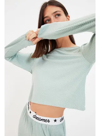 Mint 100% Cotton Polka Dot Rubber Detailed T-shirt-Pants Knitted Pajama Set THMAW21PT0588 