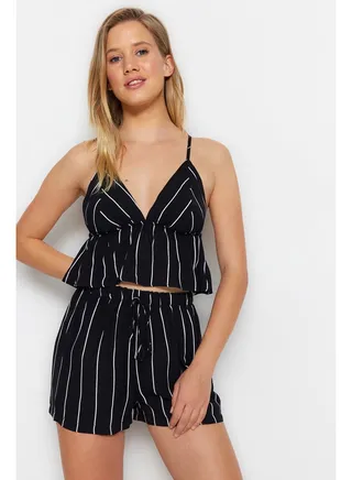 Black Striped Back Detailed Singlet-Shorts Woven Pajamas Set THMSS23PT00053 