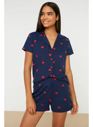 Navy Blue 100% Cotton Heart Patterned Shirt-Shorts Knitted Pajama Set THMSS21PT0756 