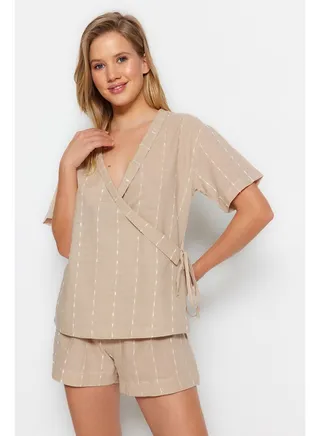 Beige 100% Cotton Striped Wide Fit Woven Pajama Set THMSS23PT00229 