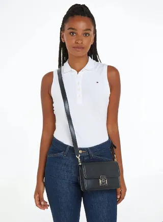 Women's Logo Leather Crossover Bag - Leather, Black 