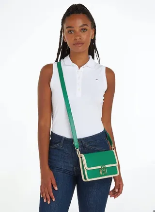 Women's Push Lock Leather Crossover Bag -  Leather, Green/ Off White 