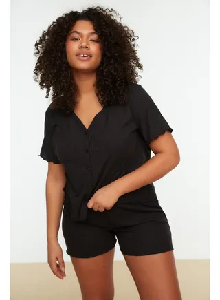 Black V-Neck Knitted Buttons Pajamas Set TBBSS22PT0215 