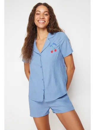 Blue Cherry Embroidered Woven Pajamas Set THMSS24PT00066 