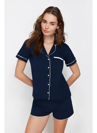 Navy Blue 100% Cotton Piping Shirt-Shorts Knitted Pajama Set THMSS20PT0406 