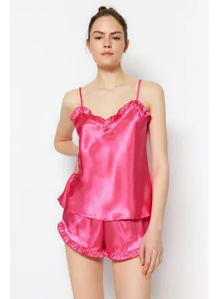 Fuchsia Frilly Satin Singlet-Shorts, Woven Pajamas Set THMSS22PT0274 