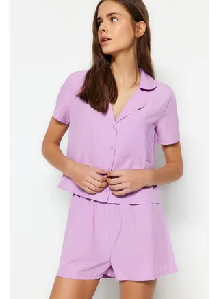 Lilac Terrycotton Shirt-Shorts Woven Pajama Set THMSS23PT00132 