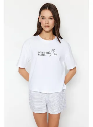 White Striped Slogan Printed Cotton T-shirt-Shorts Knitted Pajama Set THMSS23PT00228 