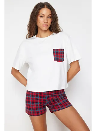 White Multicolor Plaid Knitted Pajamas Set THMSS24PT00037 