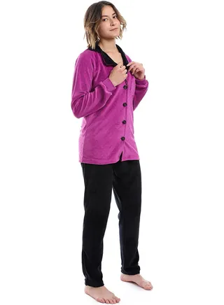 Polka Dot Pattern Notch Lapel Pajama _ Purple, Black & Fuchsia 