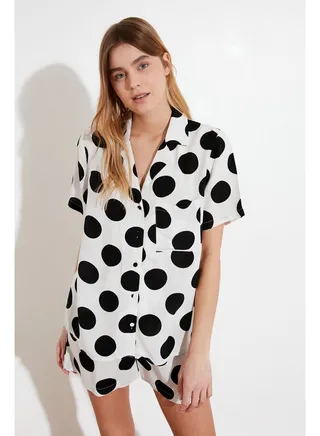 Ecru Polka Dot Viscose Shirt-Shorts Woven Pajama Set THMSS20PT0306 