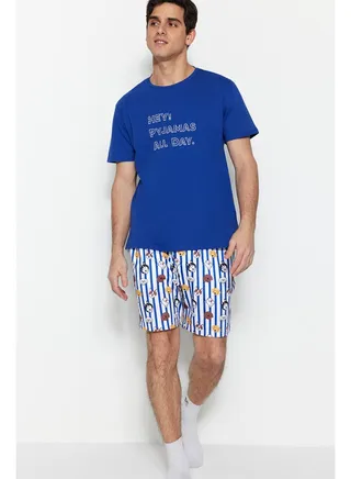 Dark Blue Unisex Regular Fit Printed Pajamas Set TMNSS23PT00000 
