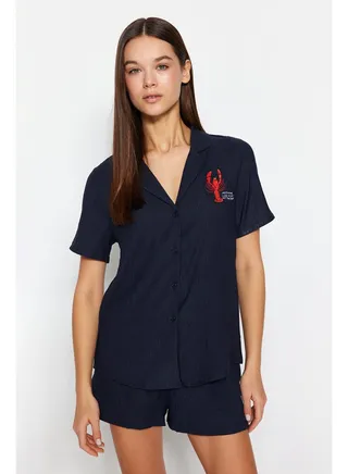 Indigo Embroidered Shirt-Shorts Woven Pajama Set THMSS23PT00079 