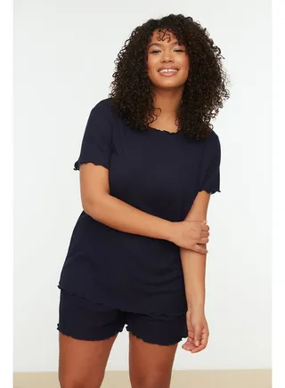 Navy Blue Crew Neck Knitted Pajama Set TBBSS22PT0216 