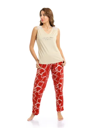 Wide Boat Neck Tee & Patterned Pants Pajama Set 