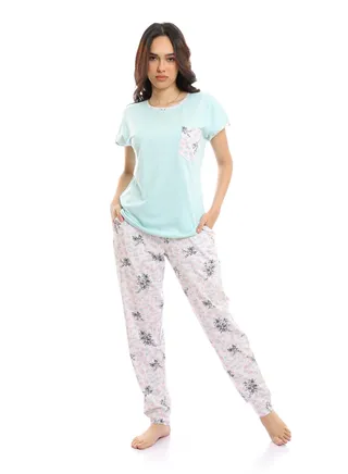Short Sleeves Tee & Patterned Pants Pajama Set 